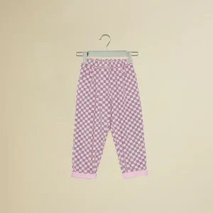Pantalone a quadretti grigie e rosa a costine