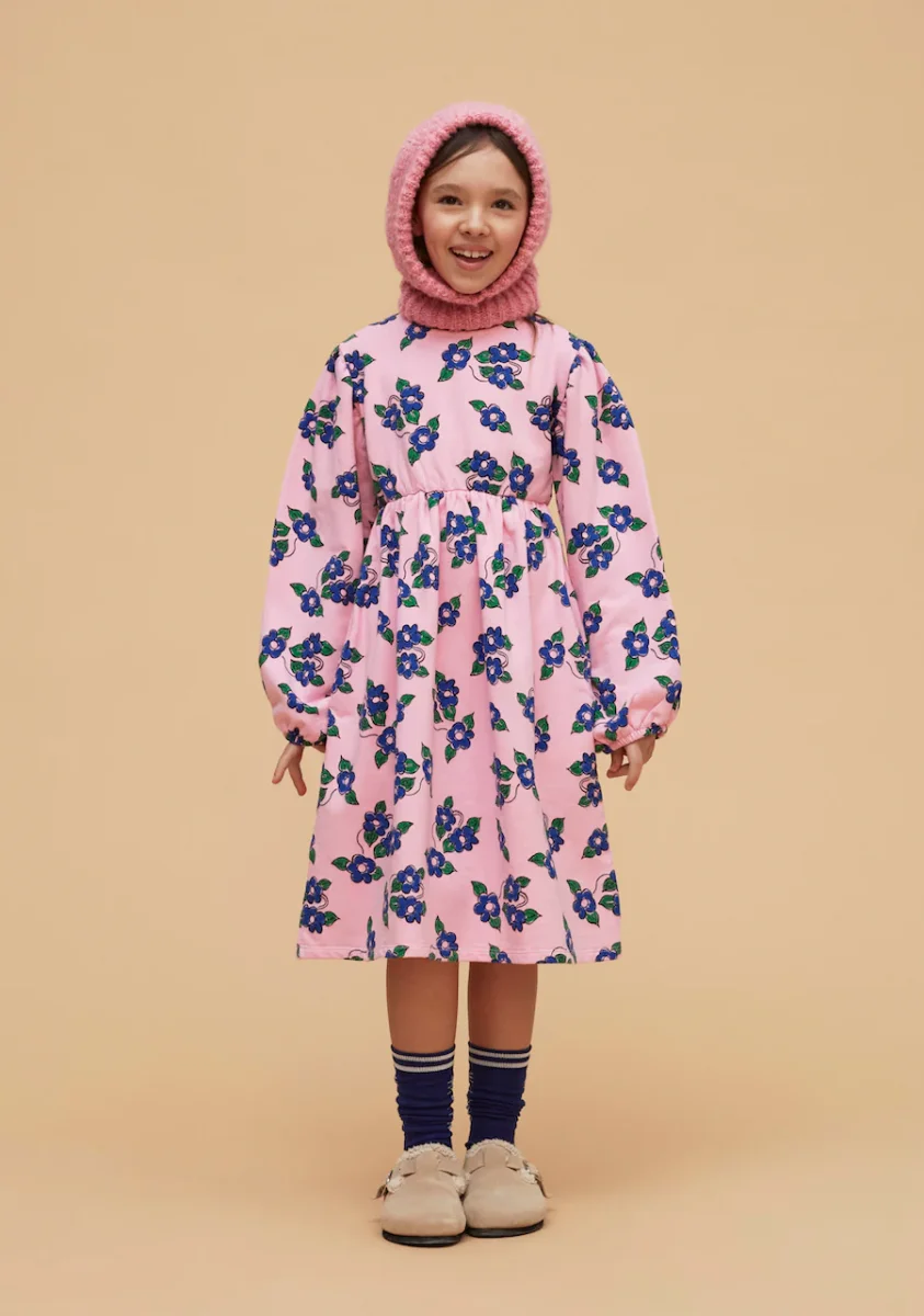 Vestito maniche lunghe rosa con fiori azzurri - immagine 4