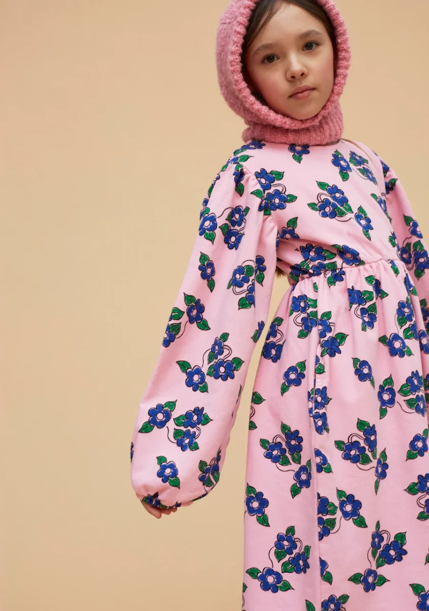 Vestito maniche lunghe rosa con fiori azzurri - immagine 3