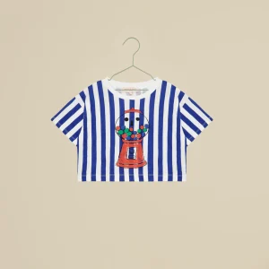 T-shirt crop a righe bianche e blu