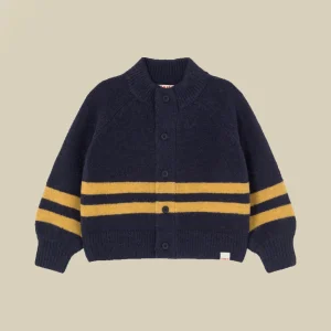 Cardigan blu navy e righe gialle