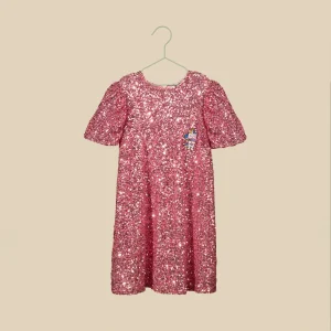 Vestito paillettes rosa con maniche a sbuffo
