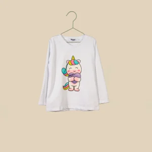 T-shirt bianca manica lunga Unicorno