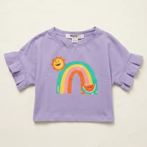 T-shirt crop viola con arcobaleno