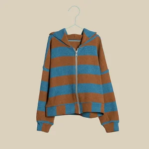 Maglia con zip e cappuccio righe tabacco e cobalto