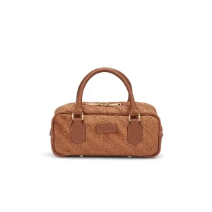 Frau Borsa Donna a Mano e Tracolla in Pelle e Tessuto Caramello