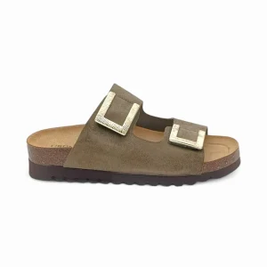 Grunland Sandali Donna Plantare Sughero Doppia Fibbia in Camoscio Oliva