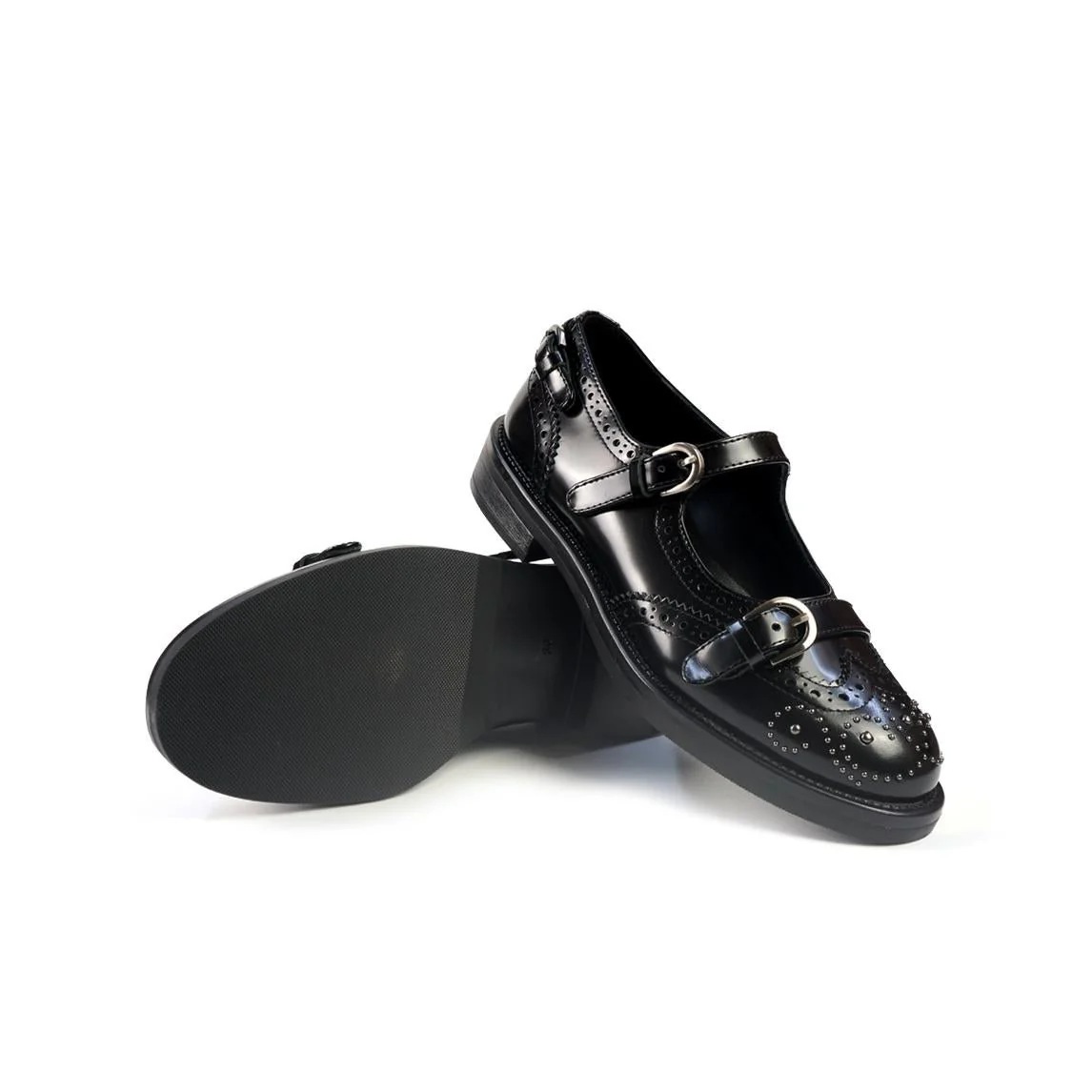 Ballerine Bruno Premi con Cinturini Monogramma e Borchie in Pelle Nero - immagine 3