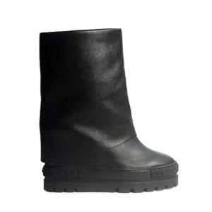 Tsakiris Mallas Stivali Donna Double Face con Risvolto e Zeppa in Pelle Nero