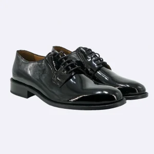 Stringata Uomo Elegante Sposo Cerimonia Vernice Nero Fondo Cuoio Cucito Derby Liscio