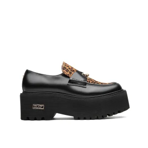 Mocassini Cult Donna con Zeppa in Pelle Nero e Cavallino Animalier