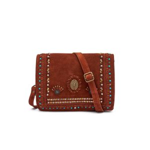 Frau Borsa Donna Borchiata con Tracolla in Camoscio Cuoio