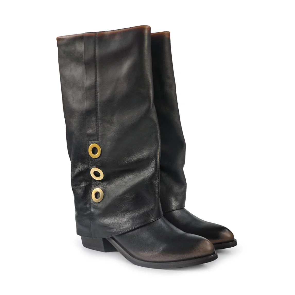 Stivali con Risvolto Bruno Premi Tacco Tex in Pelle Nero Cuoio - immagine 3