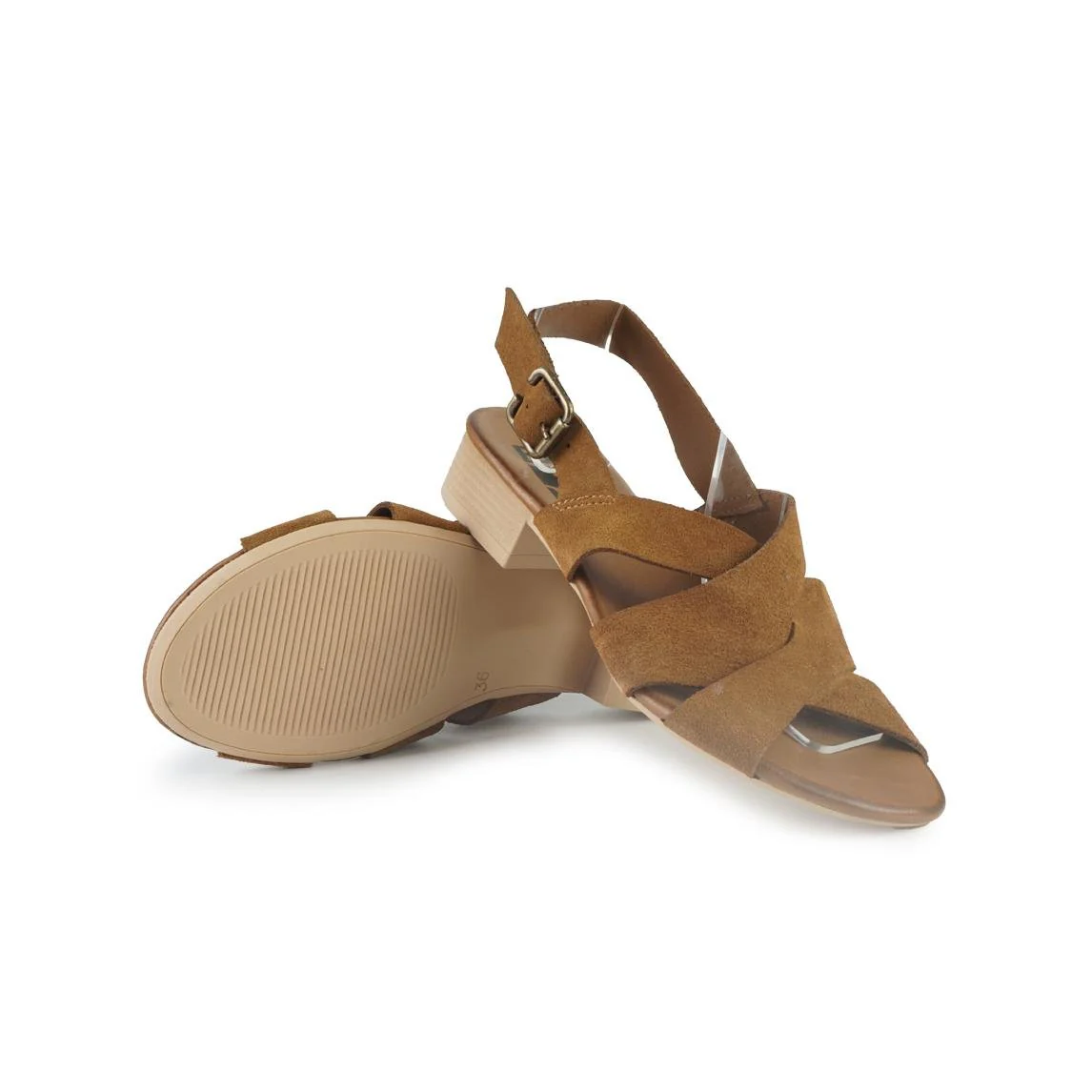 Bueno Sandali Donna con Tacco Basso in Camoscio Cuoio - immagine 3