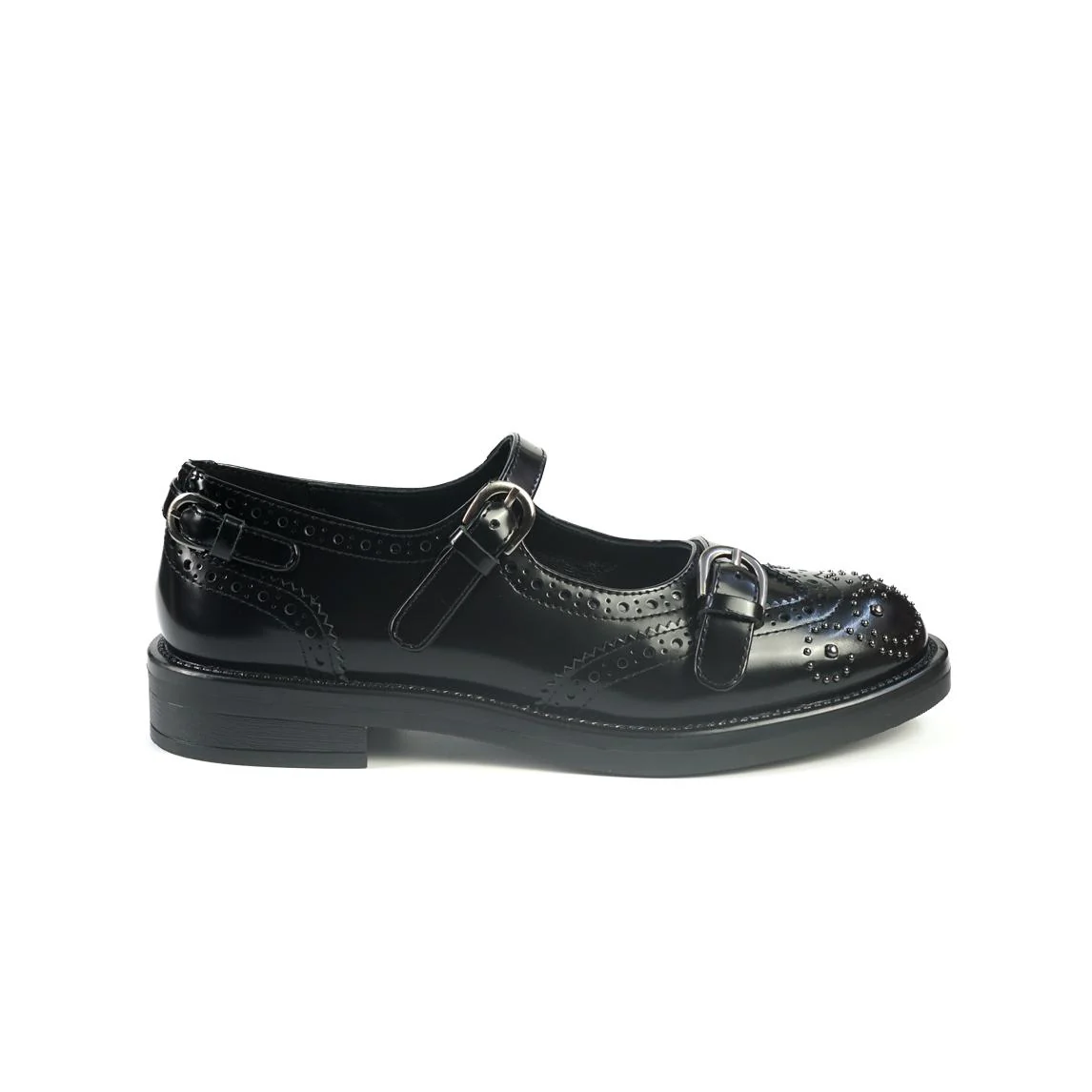 Ballerine Bruno Premi con Cinturini Monogramma e Borchie in Pelle Nero - immagine 2