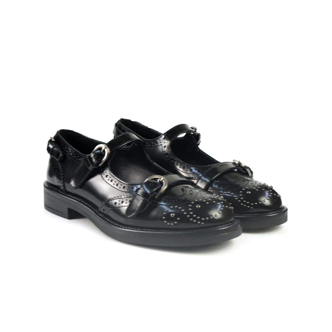 Ballerine Bruno Premi con Cinturini Monogramma e Borchie in Pelle Nero - immagine 4