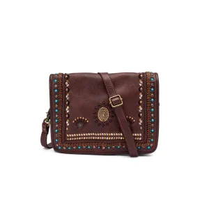 Frau Borsa Donna Borchiata con Tracolla in Pelle Marrone