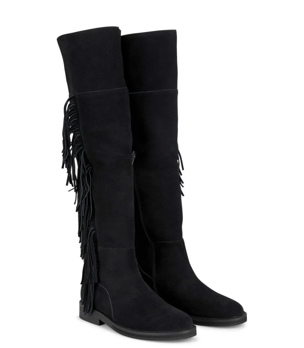 Stivali al Ginocchio con Frange Camoscio Nero - immagine 3
